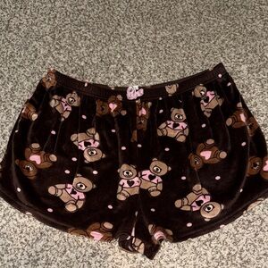 Brown Teddy Bear Print Felt/Fuzzy Shorts